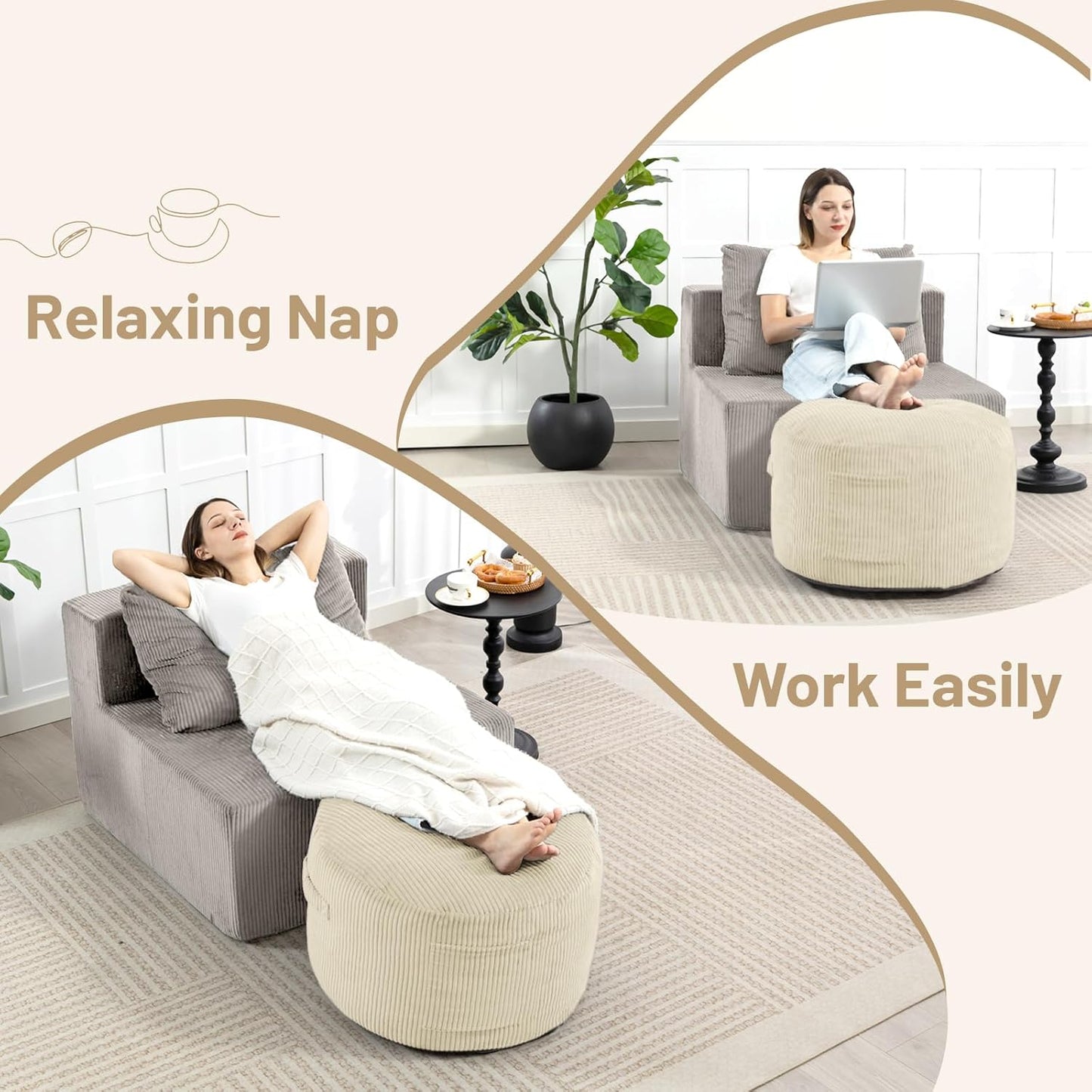 Round Stuffed Pouf Ottoman,Corduroy Foot Rest with Rebound Foam Filled, Furry and Fluffy Foot Stool Ottoman,26"*18" Floor Poufs for Living Room (Beige, 26" D X 26" W X 18" H)