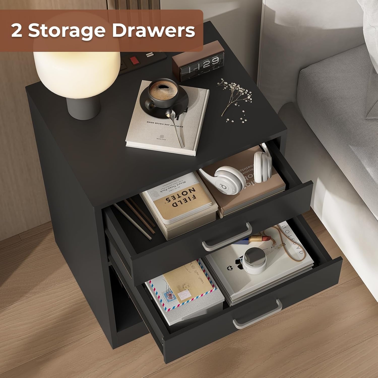 Night Stand Set 2,Black Nightstand with Charging Station & Drawers,Night Stands for Bedrooms Set of 2,Bedside Table with Drawers