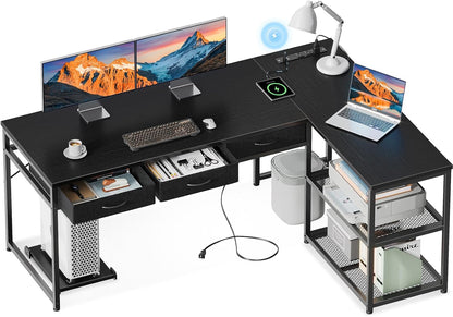 61 Inch L Shaped Computer Desk with Drawers, Corner Desk with Power Outlets & Reversible Storage Shelves, Movable CPU Stand for Home Office Gaming, Black