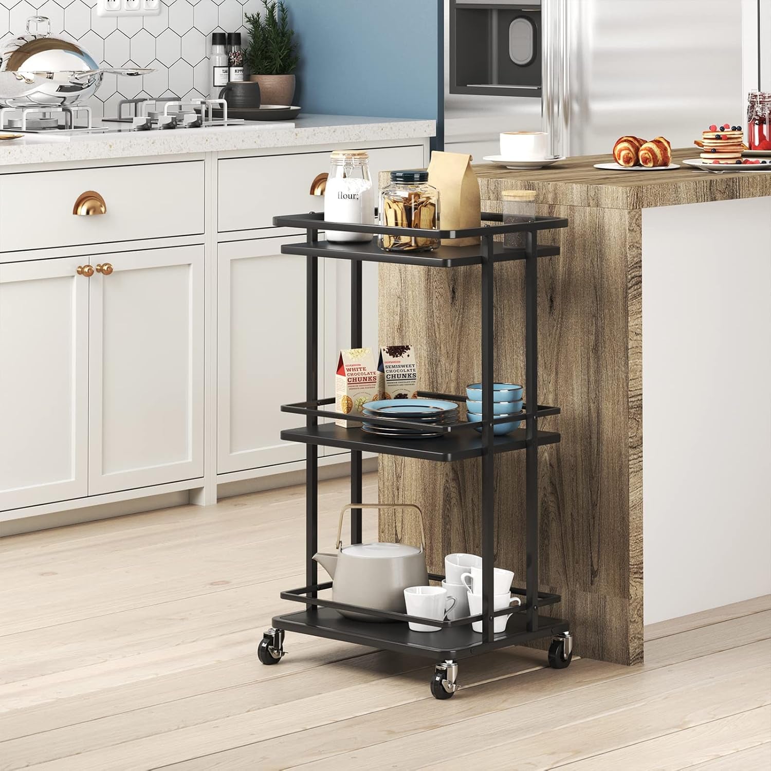 3-Tier Rolling Serving Bar Cart, Wood and Metal Kitchen Island Storage Cart with Wheels, Multifunction Utility Cart Storage Rack for Home, Kitchen, Bar, Dinning Room, Living Room (Black)