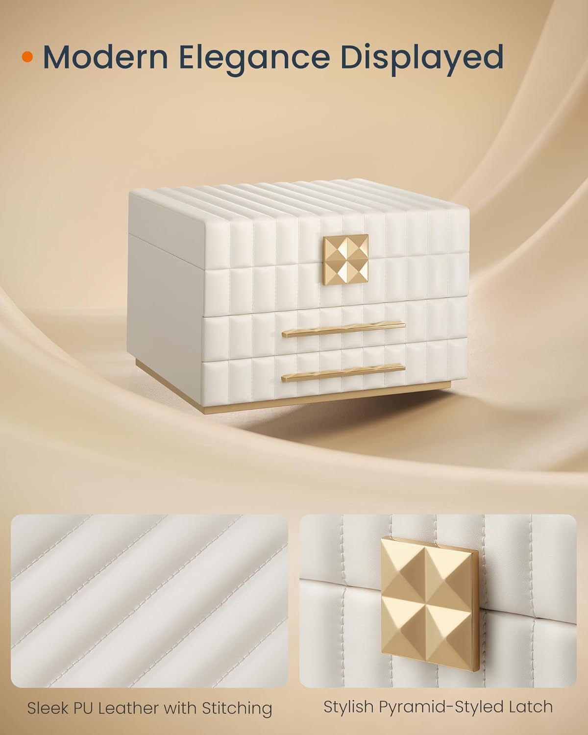 HOME 3-Tier Jewelry Box with Mirror, Jewelry Organizer with 2 Drawers, PU Surface with Stitching, Floating Effect, 8.5 X 9.4 X 6.2 Inches, Cloud White, ANAH Collection UJBC183W01