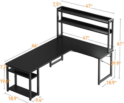 L Shaped Gaming Desk with Hutch, Computer Desk with Storage Shelves, 66" L Shaped Desk for Home Office, Corner Desk with Headphone Hook, Black