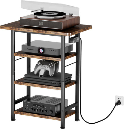 4-Tier AV Media Stand with Power Outlet, Wooden Record Player Stand, Entertainment Center with Storage Shelves, Stereo Stand DVD Stand for Bedroom, Living Room, Brown