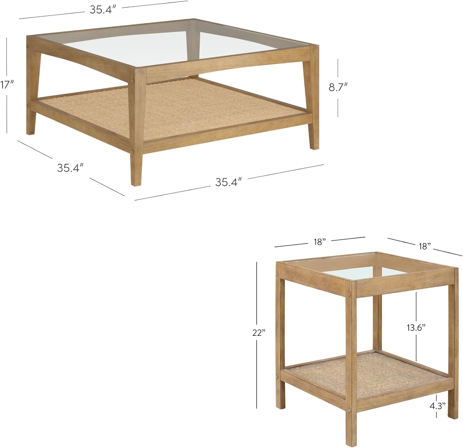 Hayes Glass Coffee Table and Side Table Set with Rattan Bottom Shelf, Bohemian 2-Piece Living Room Set