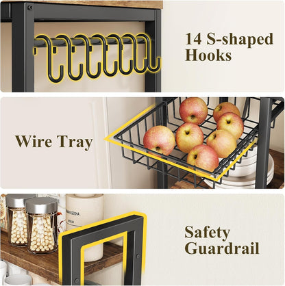 Baker Rack with Power Outlet - Microwave Stand with Storage, Large Coffee Bar Station with 14 Hooks, Metal Kitchen Shelf Rack for Spices, Pots (Rustic Brown) | with Power Outlet, with Storage, with 14 Hooks, for Spices, for Pots