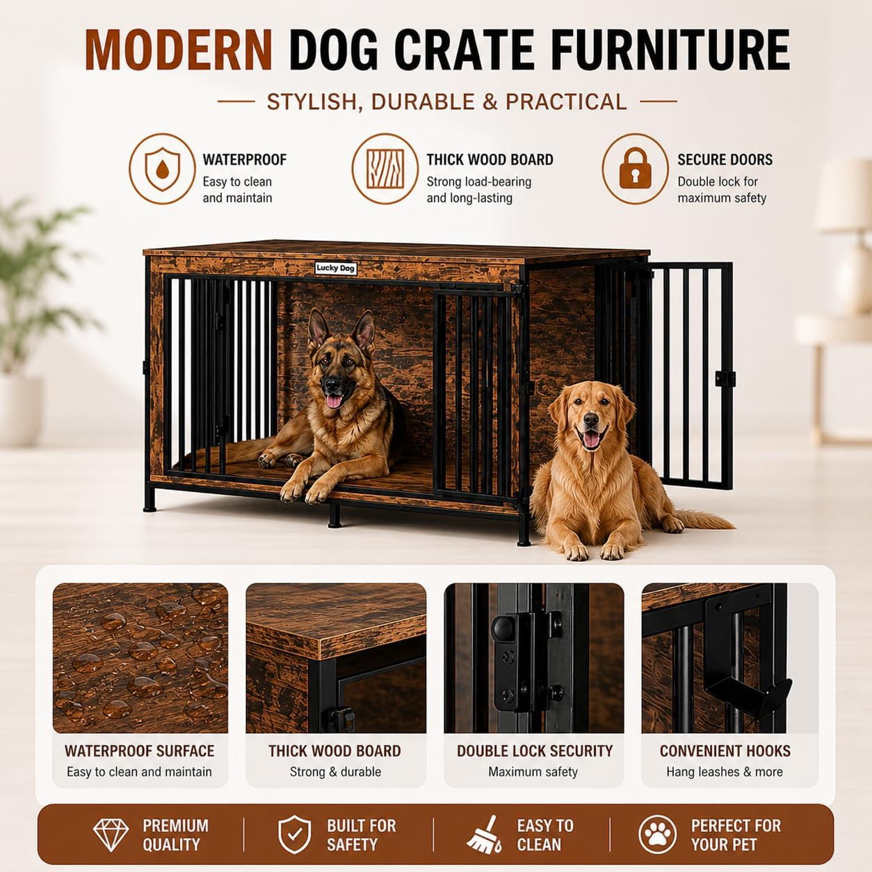 XL Dog Crate Furniture 48'' | Extra Large Heavy Duty Anti-Chew Dog Kennel | Rustic Wooden Entertainment Center & TV Stand with 350LB Top Capacity | Escape Proof Double Door Pet House
