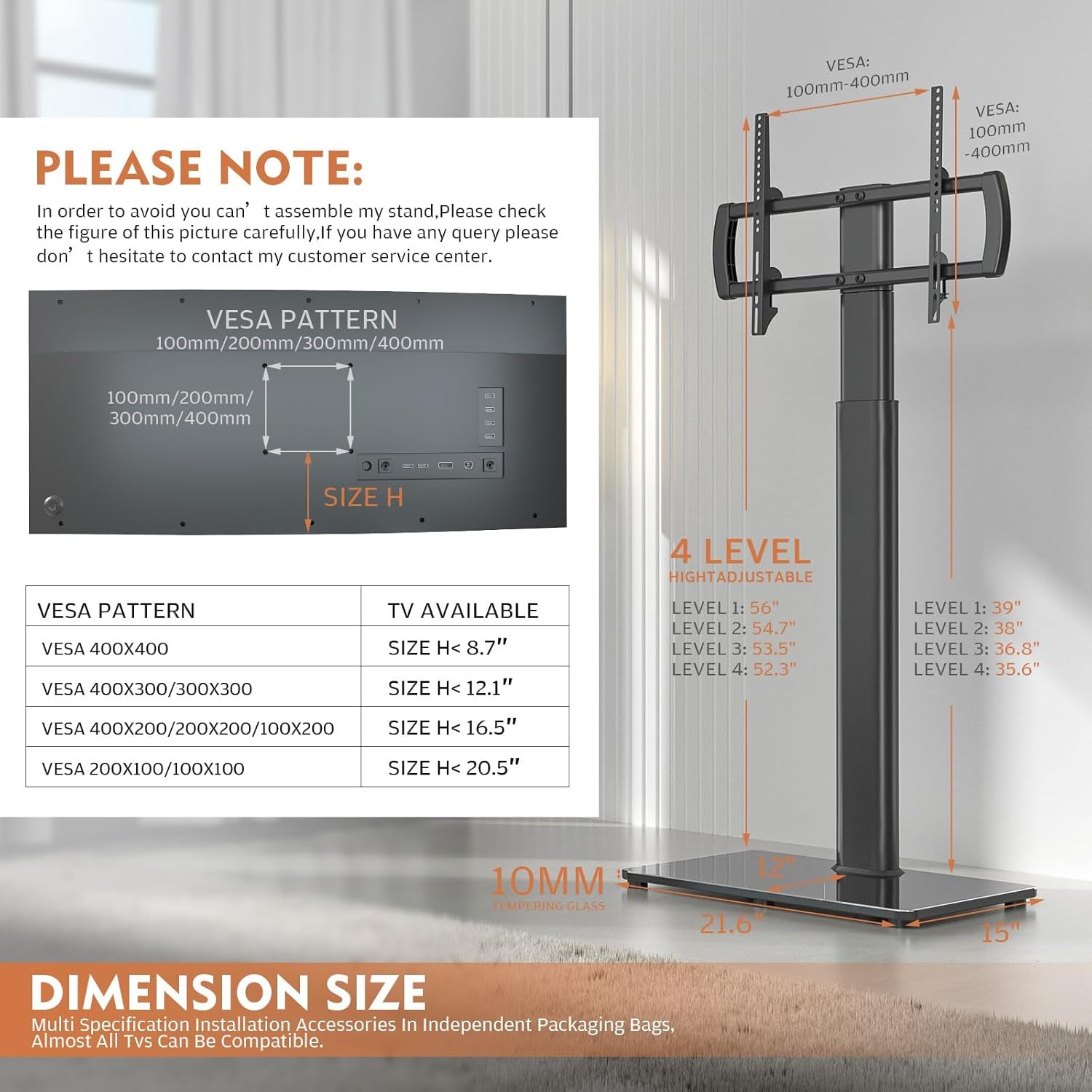 Universal Floor TV Stand with Mount 80 Degree Swivel Height Adjustable and Space Saving Design for Most 27 to 65 Inch LCD, LED OLED Tvs, Perfect for Corner & Bedroom HT1002B