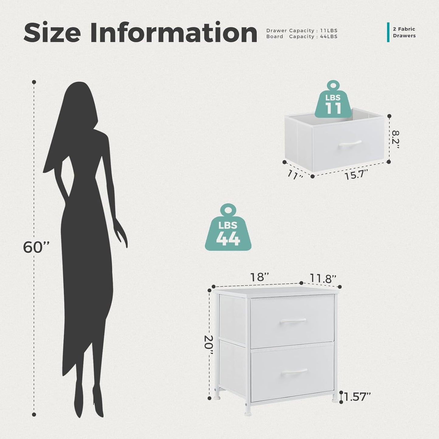 Nightstand Small Dresser with 2 Fabric Drawers Side Tables Bedroom End Table Kids Bedside Storage Furniture for 20 Inch Tall Night Stand for Closet, Entryway, College Dorm, White