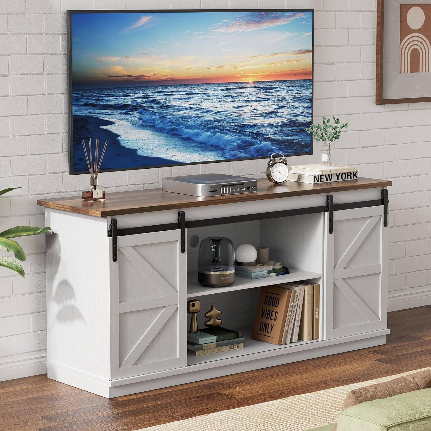 Farmhouse TV Stand for Televisions up to 65 Inches, Sliding Barn Doors and Storage Cabinets, Console Table and Media Furniture for Living Room, 58 Inch, Milk White