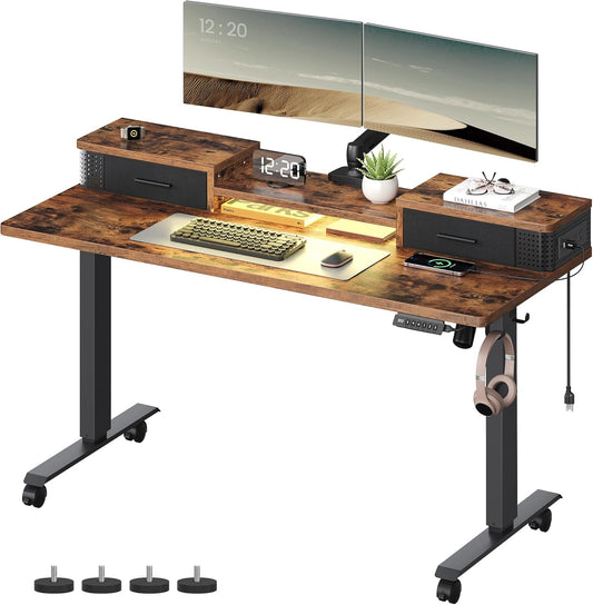 Electric Standing Desk with Drawers, 55.1 X 23.6 Inches, Sit Stand Desk with Power Outlet and LED Lights, Adjustable Height, Storage Shelf, 3 Memory Buttons, for Home Office, Rustic Brown