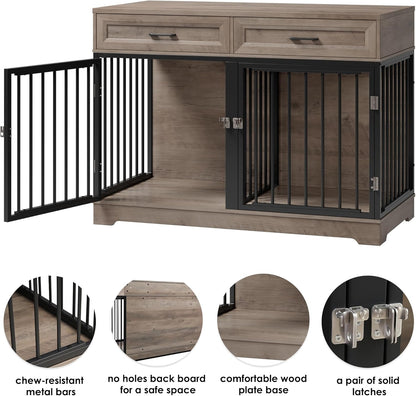 Dog Crate Furniture 47" Wooden Dog Kennels for Dogs Indoor with a Removable Divider for Large/Medium/Small Dogs, 2 Storage Drawers and Large Tabletop Dog Cages Double Doors Dog House, Rustic