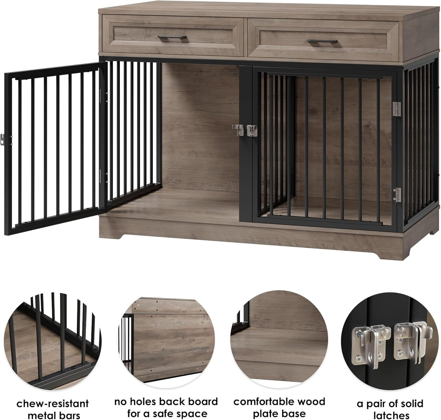 Dog Crate Furniture 47" Wooden Dog Kennels for Dogs Indoor with a Removable Divider for Large/Medium/Small Dogs, 2 Storage Drawers and Large Tabletop Dog Cages Double Doors Dog House, White