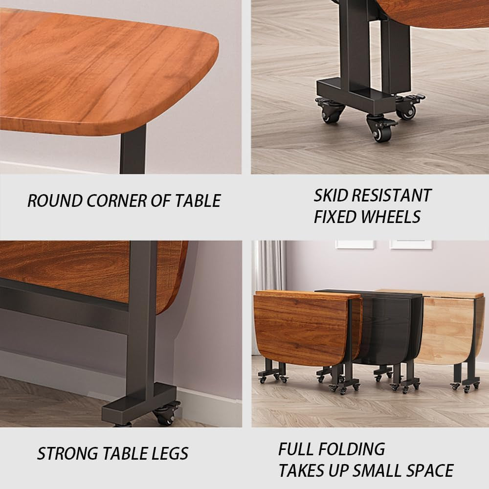 Multifunction Table Drop Leaf Dining Table - 47" Wooden Foldable Kitchen Table with 6 Wheels (Brown)