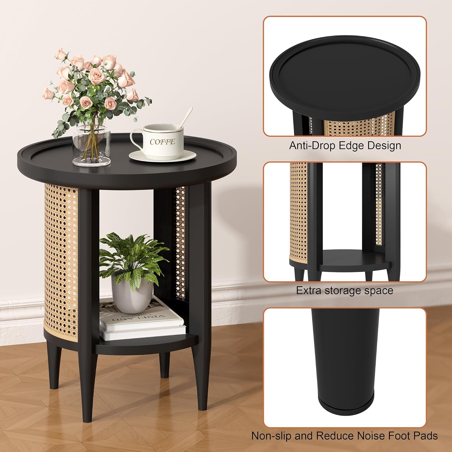 round End Table Rattan Style Side Table with Solid Wood Legs, Boho Style Nightstand Bedside Table with 2-Tier Shelves, Small Coffee Table for Living Room Bedroom Small Spaces Black