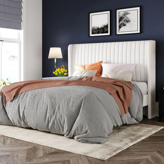Full Size Velvet Bed Frame/Vertical Channel Tufted Wingback Headboard/Upholstered Platform Bed/Strong Wooden Slats/No Box Spring Needed/Easy Assembly/White