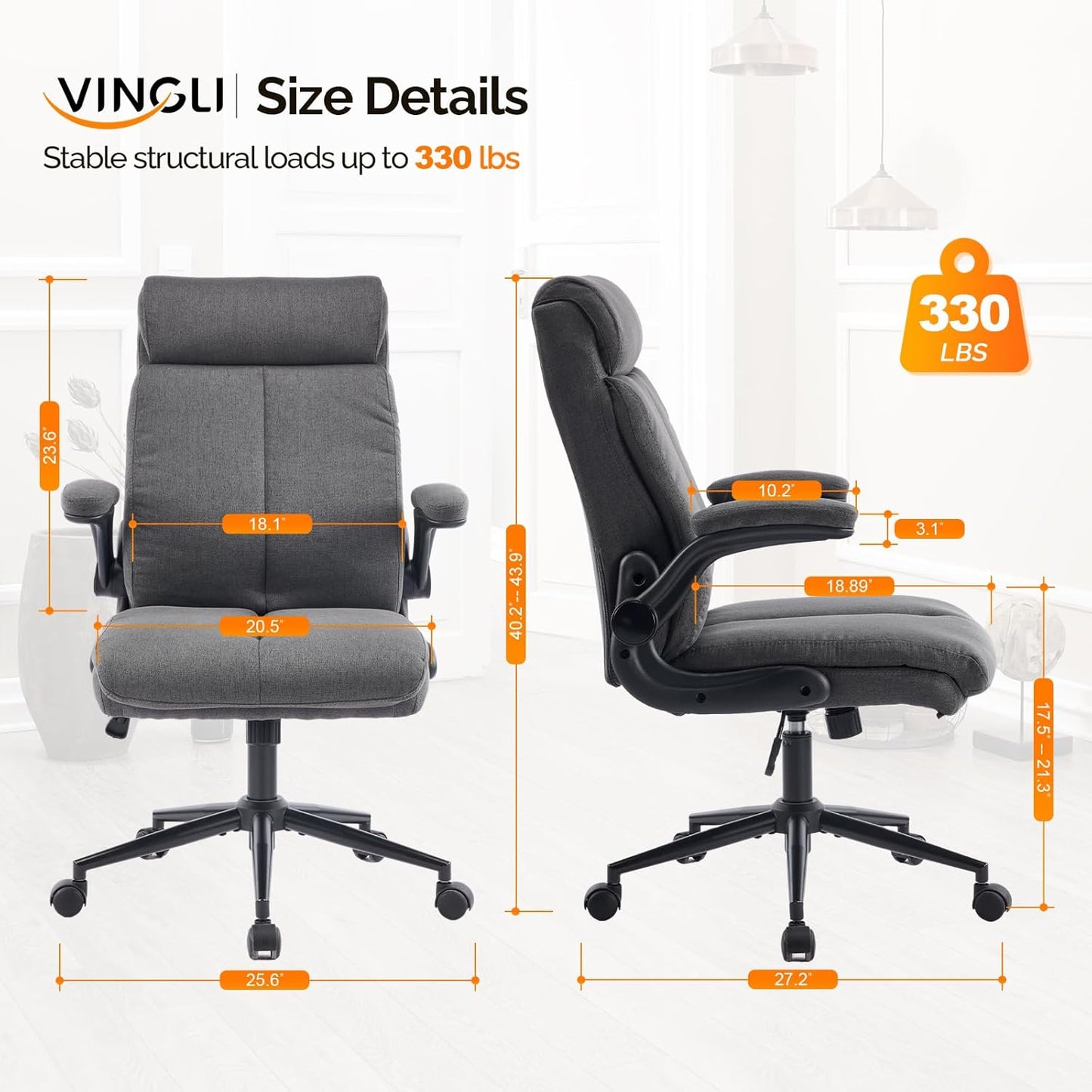 Rolling Ergonomic Office Desk Chair with Padded Flip-Up Arms, 360° Swivel High Back Executive Computer Task Chair with Wheels for Game，Home Small Space, Study Room, Reading Room, Linen Black