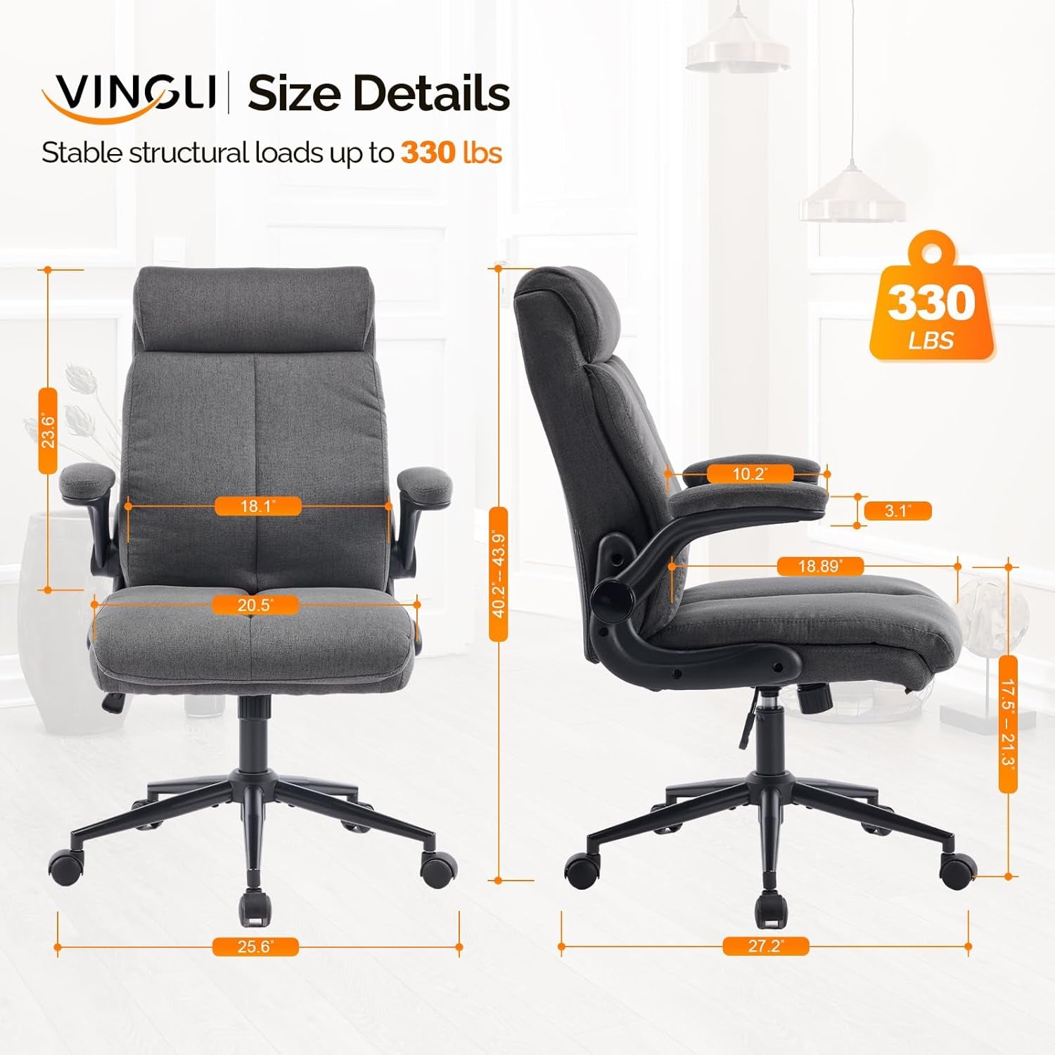 Rolling Ergonomic Office Desk Chair with Padded Flip-Up Arms, 360° Swivel High Back Executive Computer Task Chair with Wheels for Game，Home Small Space, Study Room, Reading Room, Linen Black