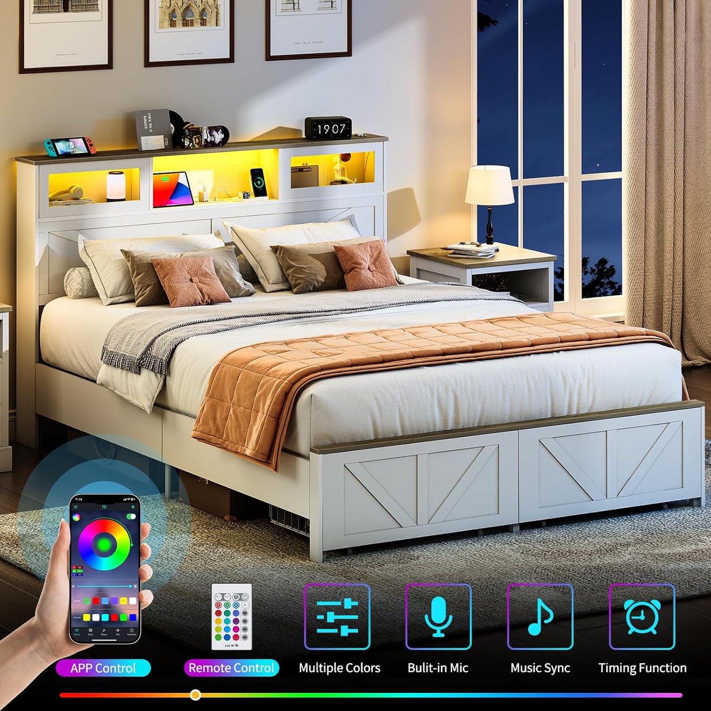 Queen Bed Frame with Headboard, Bed Frame Queen Size with Charging Station, LED Beds with 2 Storage Drawers, Wood Farmhouse Bedframe Queen-Size, Noise-Free and No Box Spring Needed