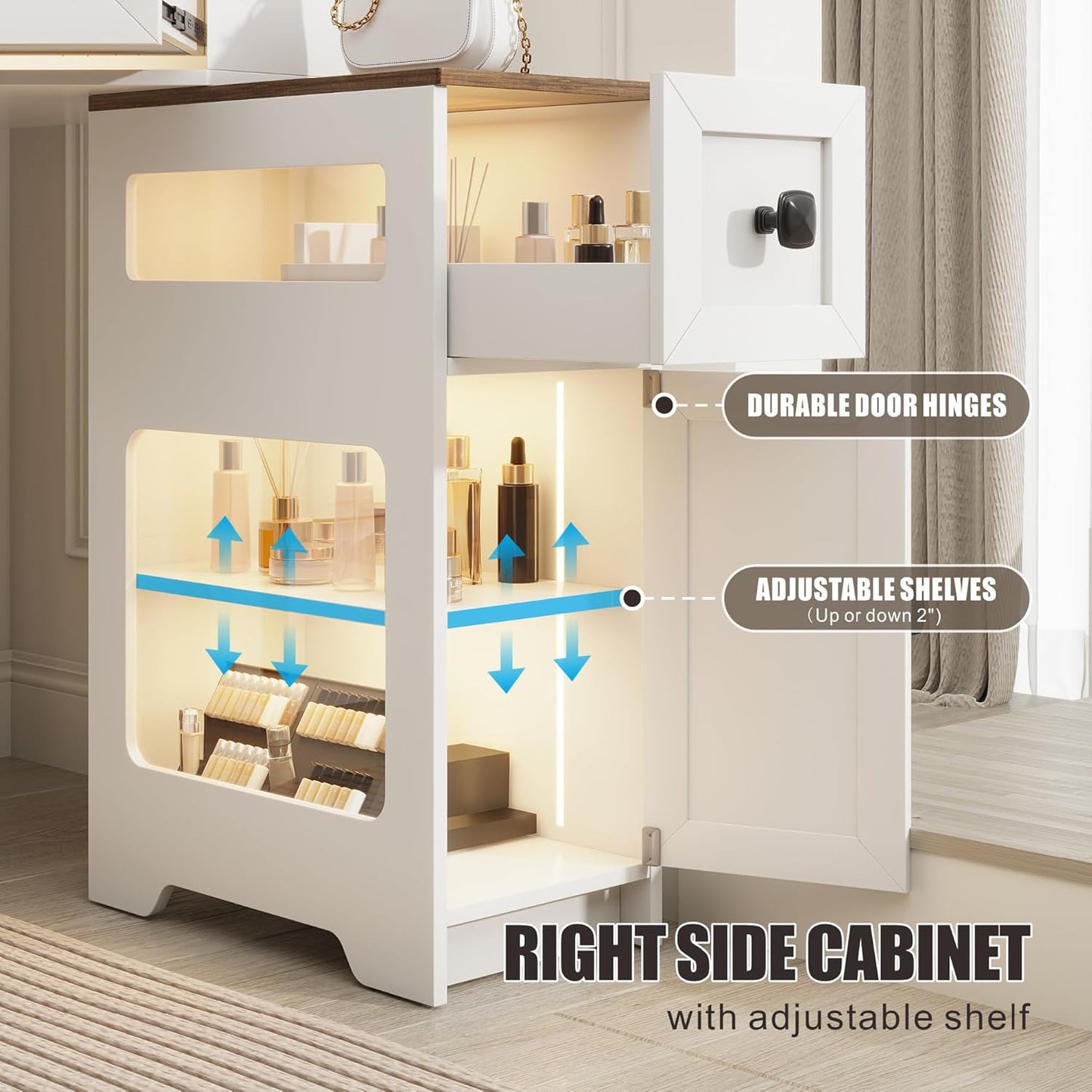 Corner Vanity Desk with Mirror and Lights, Modern Makeup Vanity with Charging Station & Human Sensor Light, Glass Top Dressing Table with 4 Drawers & Shelves for Bedroom (White)