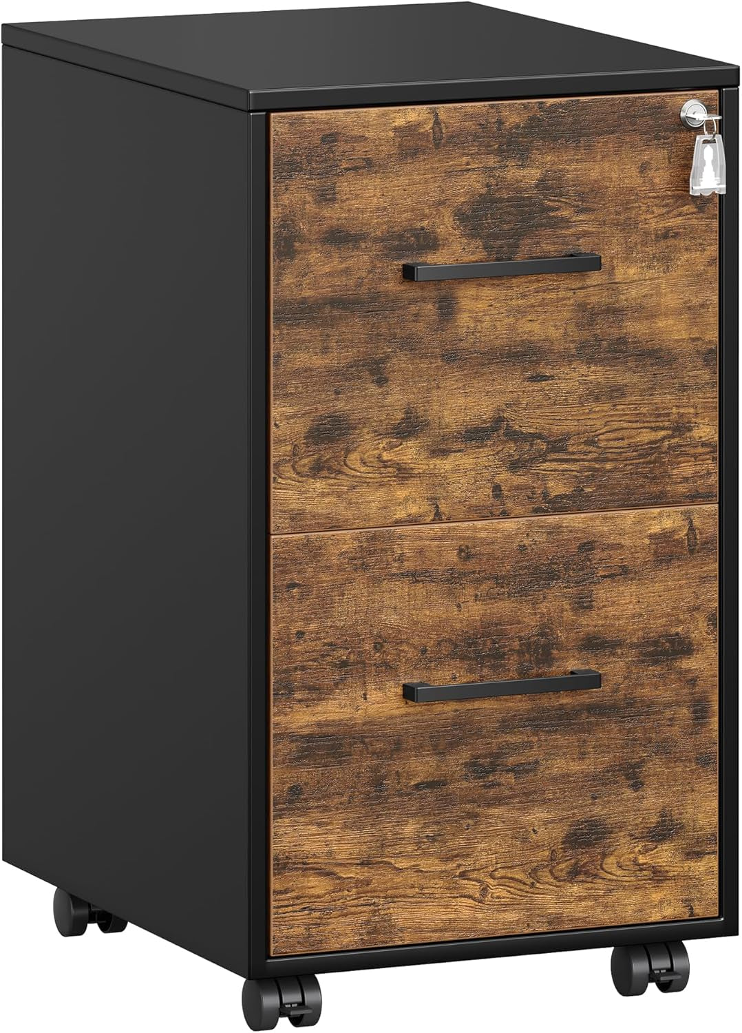 File Cabinet, Pre-Assembled except Wheels and Handles, Office Filing Cabinet with Lock, for A4, Legal, Letter Sized Documents, 17.7 X 14.4 X 25.4 Inches, Rustic Brown and Black UOFC112B02