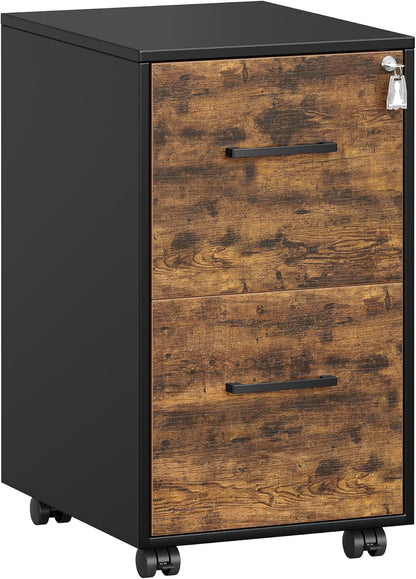 File Cabinet, Pre-Assembled except Wheels and Handles, Office Filing Cabinet with Lock, for A4, Legal, Letter Sized Documents, 17.7 X 14.4 X 25.4 Inches, Rustic Brown and Black UOFC112B02