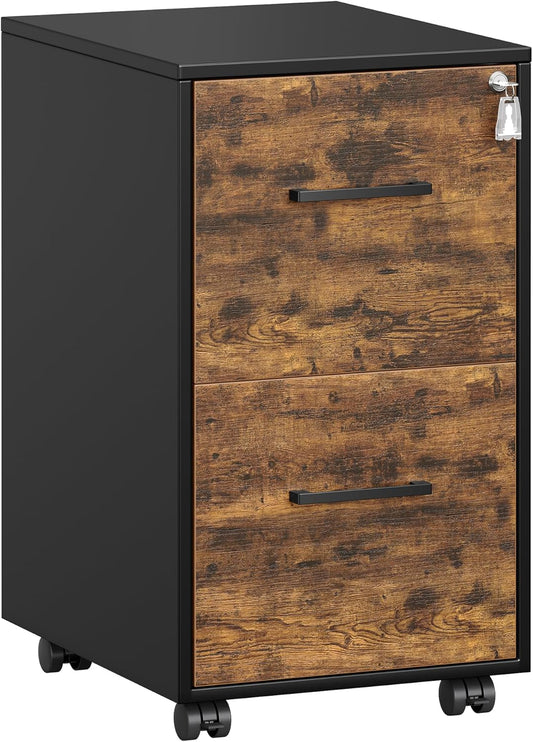 File Cabinet, Pre-Assembled except Wheels and Handles, Office Filing Cabinet with Lock, for A4, Legal, Letter Sized Documents, 17.7 X 14.4 X 25.4 Inches, Rustic Brown and Black UOFC112B02