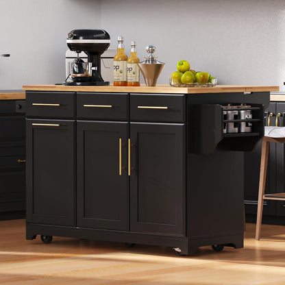 Rolling Kitchen Island with Drop Leaf & 2 Pull Out Cabinet Organizers,59.3" Stationary Kitchen Cart with Trash Can Storage,Power Outlet,Spice & Towel Rack,3 Drawers Island Table for Kitchen,Black