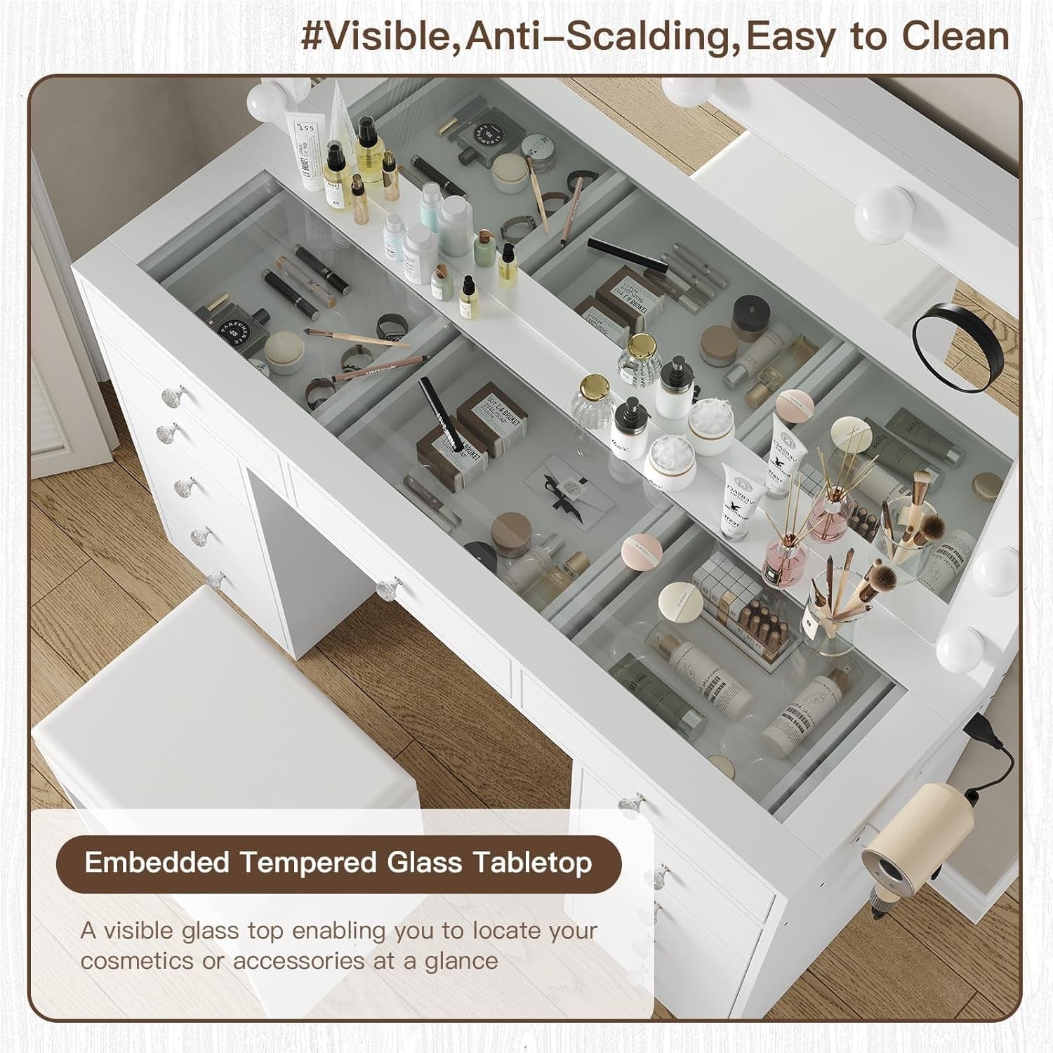 Vanity Desk with Power Outlet, Makeup Vanity with Mirror and 12 LED Lights, 3 Lighting Modes,11 Drawers Vanity Table with Chair, Glass Top, Dressing Table for Bedroom,Dressing Room, White