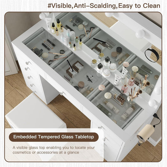 Vanity Desk with Power Outlet, Makeup Vanity with Mirror and 12 LED Lights, 3 Lighting Modes,11 Drawers Vanity Table with Chair, Glass Top, Dressing Table for Bedroom,Dressing Room, White