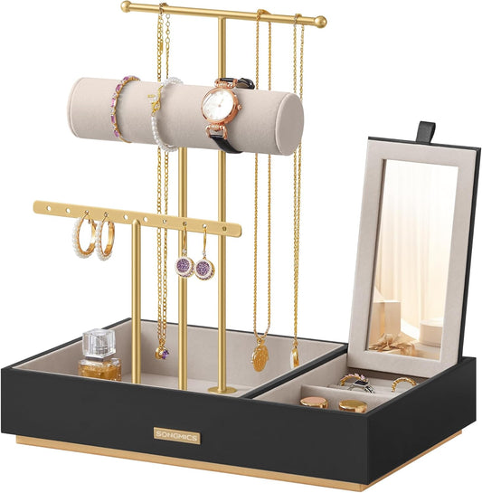 Jewelry Holder, Jewelry Organizer, Jewelry Display Stand, Metal Earring Organizer with Mirror, with Necklace Earring Bracelet Holder, for Rings, Gift Idea, Black and Gold UJJS022B01