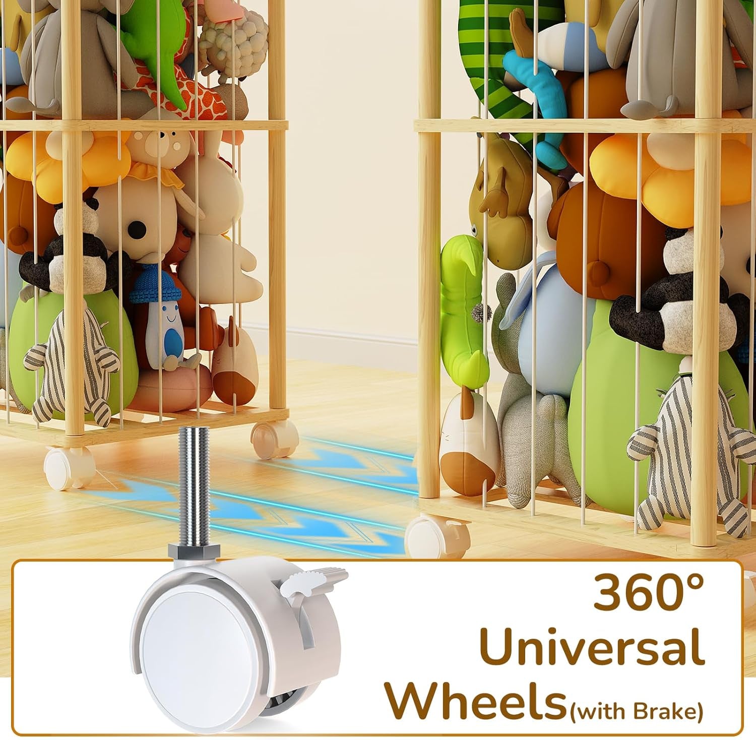 Stuffed Animal Storage Zoo with Wheels and Twinkling Bee String Lights, 55.12Inch Large Wooden Stuffed Animal Storage & Organizer with Elastic Cord Kids Plush Toy Storage for Nursery Playroom