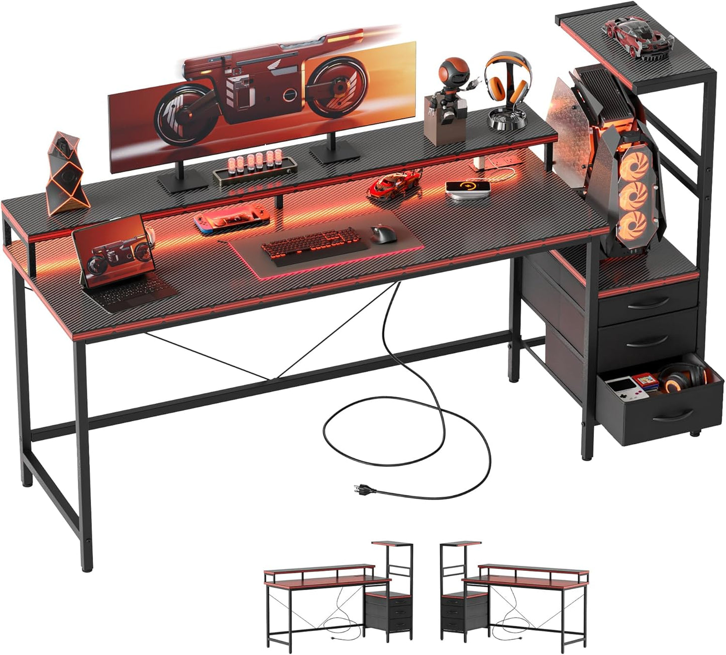 Gaming Desk with Power Outlets & LED Lights, Reversible Computer Desk with PC Case Stand, Fabric Drawers, Modern Office Desk with Shelves, Monitor Stand (Djk-Rustic Brown, 60 Inch)