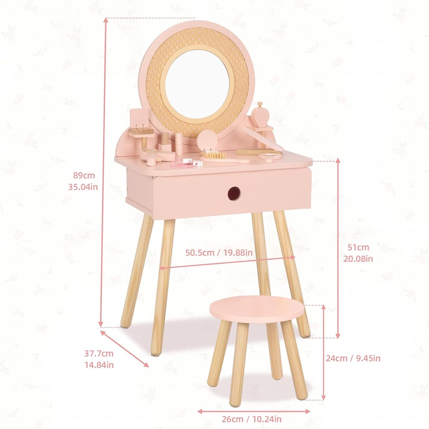 Kids Vanity Table and Chair Set, Pink Girls Vanity with 11 Pcs Accessories, Enough for Real and Pretend Makeup, Toddler Vanity for 3 Year Old and up as Ideal Gift