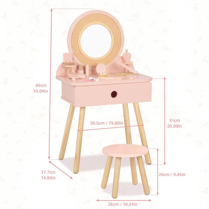 Kids Vanity Table and Chair Set, Pink Girls Vanity with 11 Pcs Accessories, Enough for Real and Pretend Makeup, Toddler Vanity for 3 Year Old and up as Ideal Gift