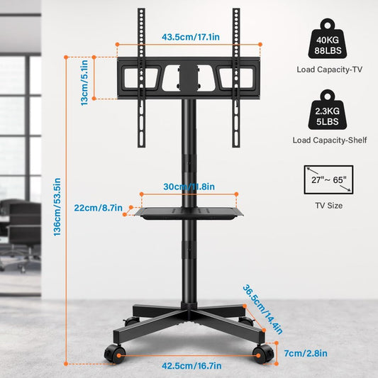 Mobile TV Cart for 23 to 65 Inch LCD LED Flat Screen/Curved Tvs Floor TV Stand on Wheels with Height Adjustable Shelf Max VESA 400X400Mm Rolling Floor TV Trolley Holds up to 88Lbs
