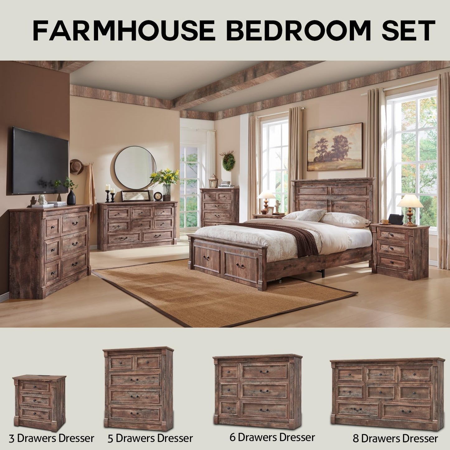 Farmhouse Queen Size Bed Frame with 51" Tall Headboard, Wood Platform Bed Frame with 20" Tall Roman Column Decoration Footboard & 2 Large Storage Drawers, No Box Spring Needed (Light Brown)