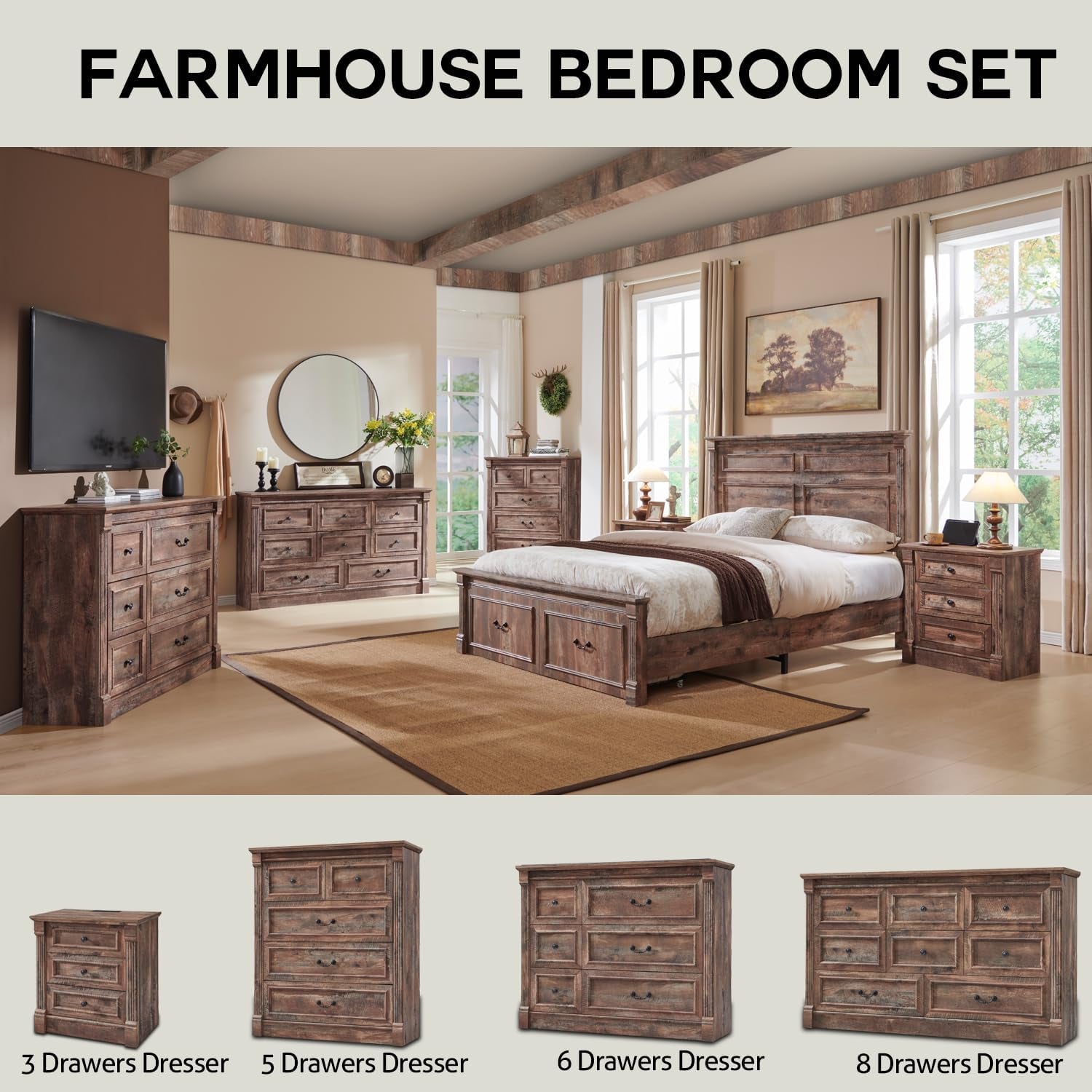 Farmhouse Queen Size Bed Frame with 51" Tall Headboard, Wood Platform Bed Frame with 20" Tall Roman Column Decoration Footboard & 2 Large Storage Drawers, No Box Spring Needed (Light Brown)