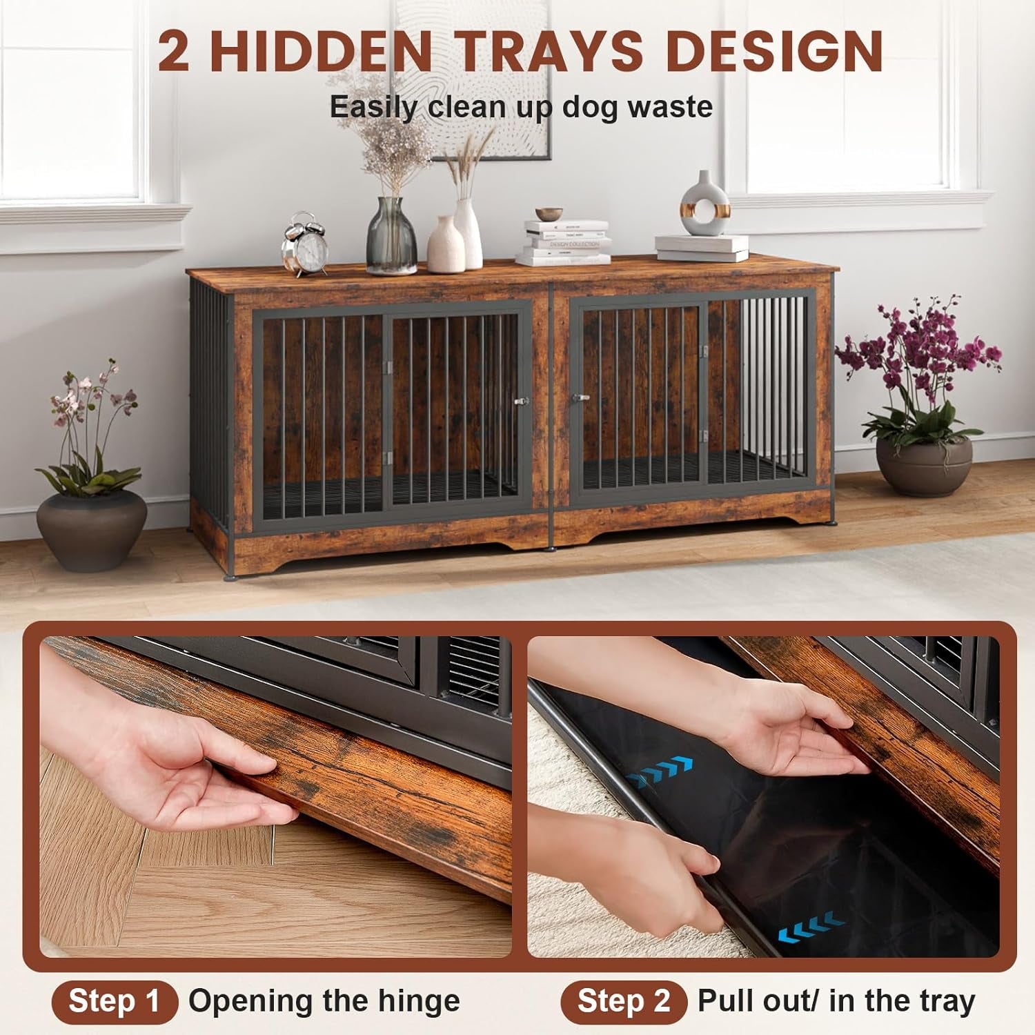 3-In-1 75 Inch Double Dog Crate Furniture for 2 Large Dogs Durable Rustic Brown TV Stand Dog Crate with Trays and Divider