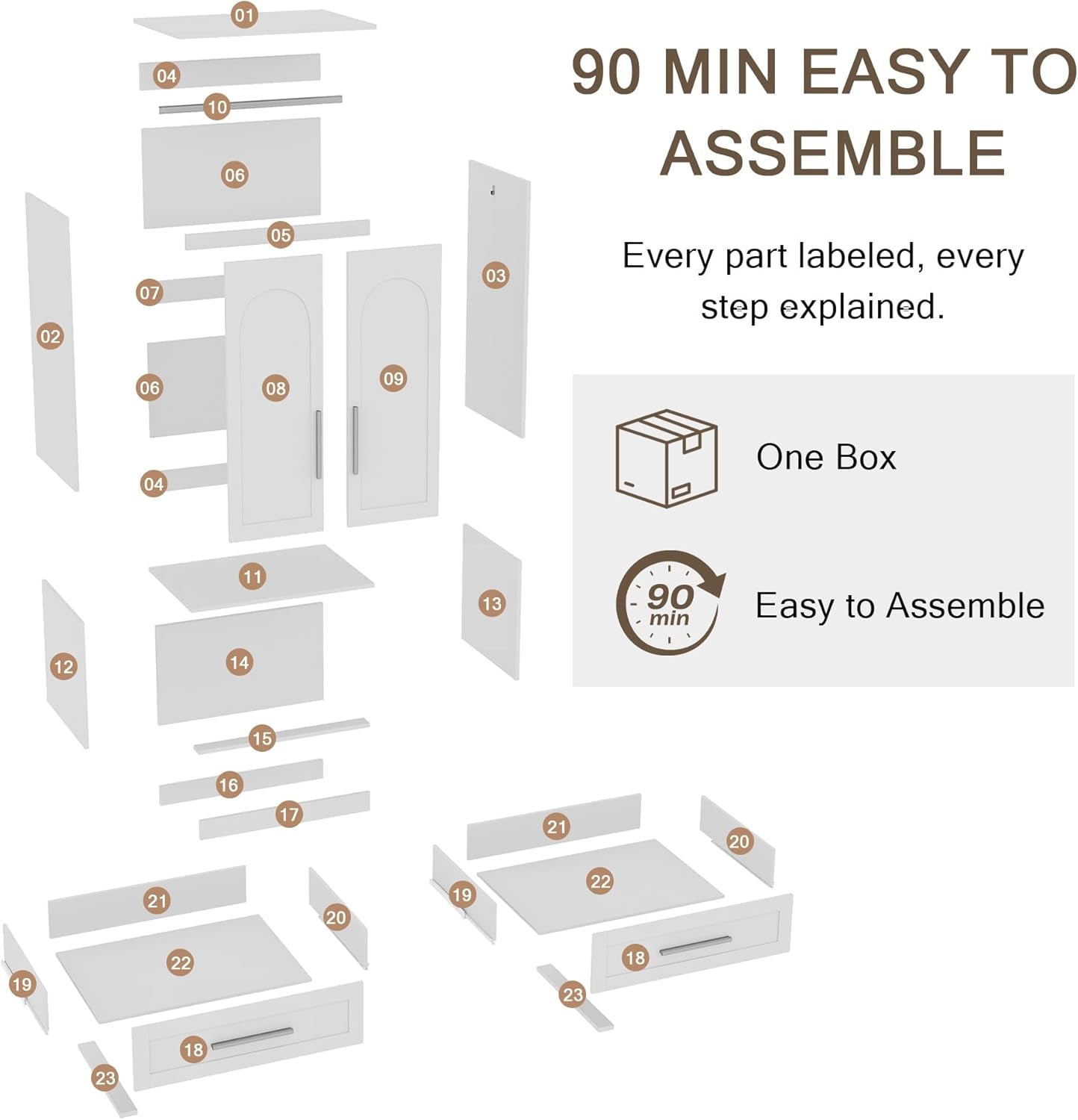 Wooden Armoire Wardrobe Closet with 2 Doors and 2 Drawers,Bedroom Freestanding Armoire Storage Cabinet with Shelves,Tall Clothing Storage Cabinet for Bedroom,White