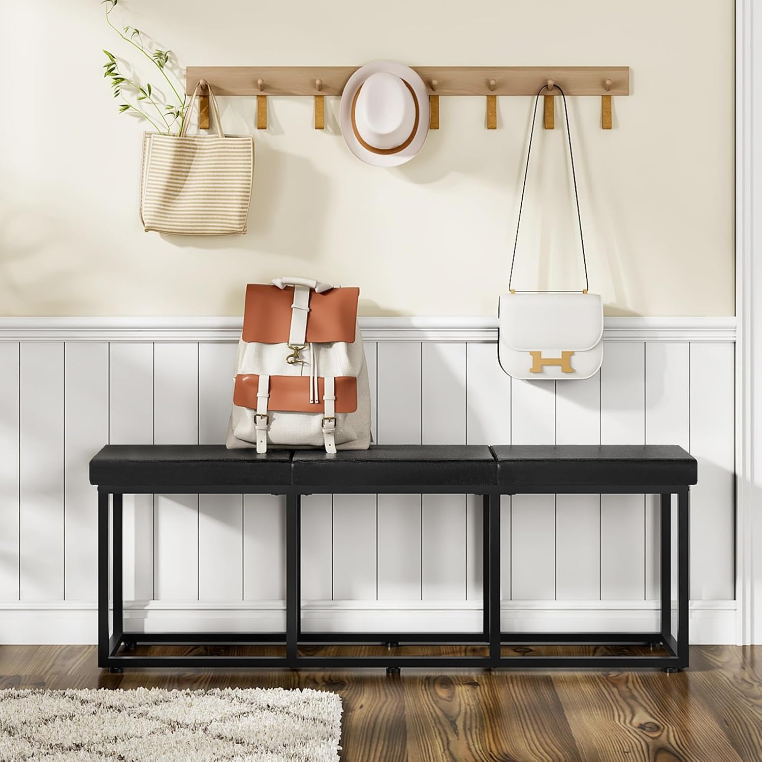 Dining Bench, Dining Room Bench with PU Leather Upholstered Seat, for Kitchen, Living Room, Hallway, Kitchen, Entryway, Bedroom, Black BB46CD01