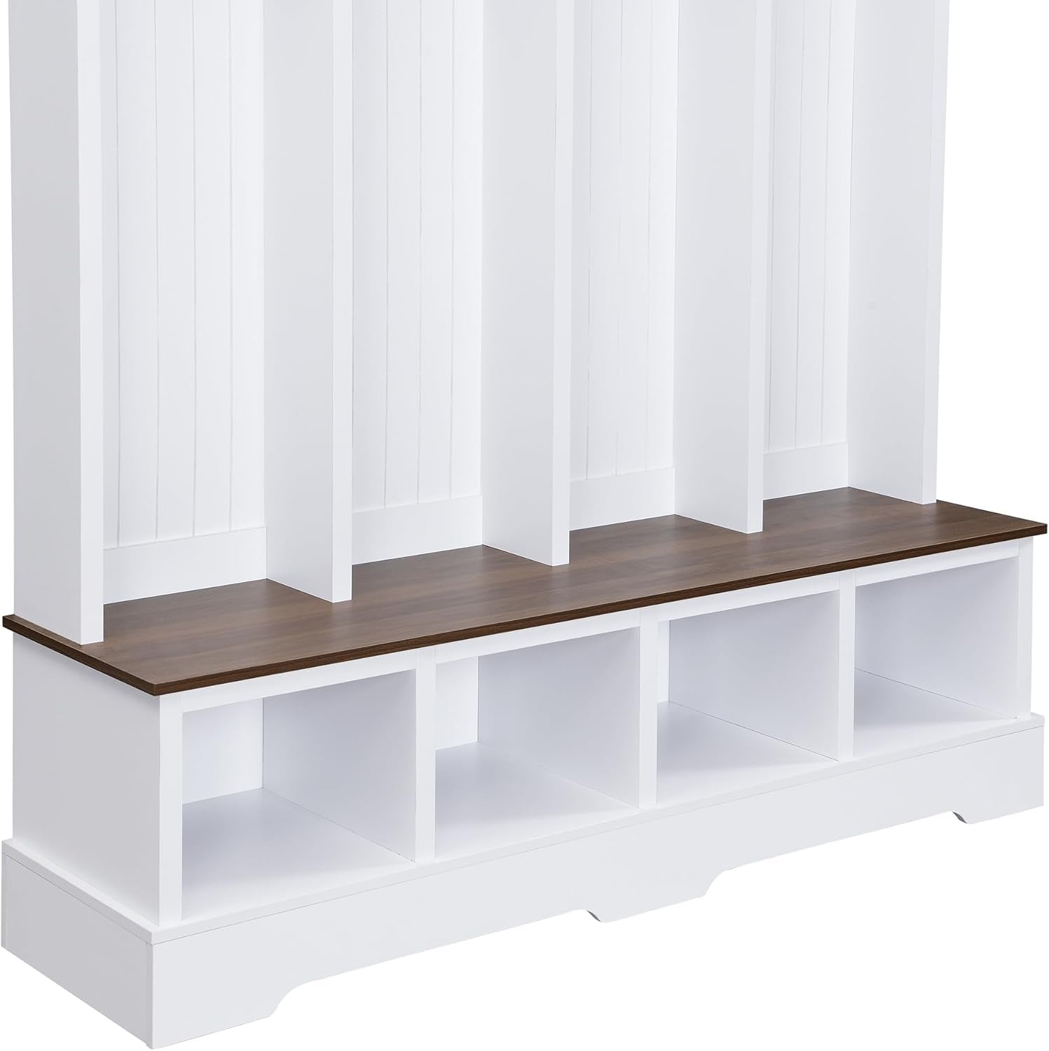 Farmhouse Hall Tree with 8 Hooks,Entryway Cabinet W/Bench,Multi-Functional Coat Rack W/4 Storage Unit and 4 Shoe Cabinet,Entryway Cabinets for Hallway,Living Room,Mudroom,White