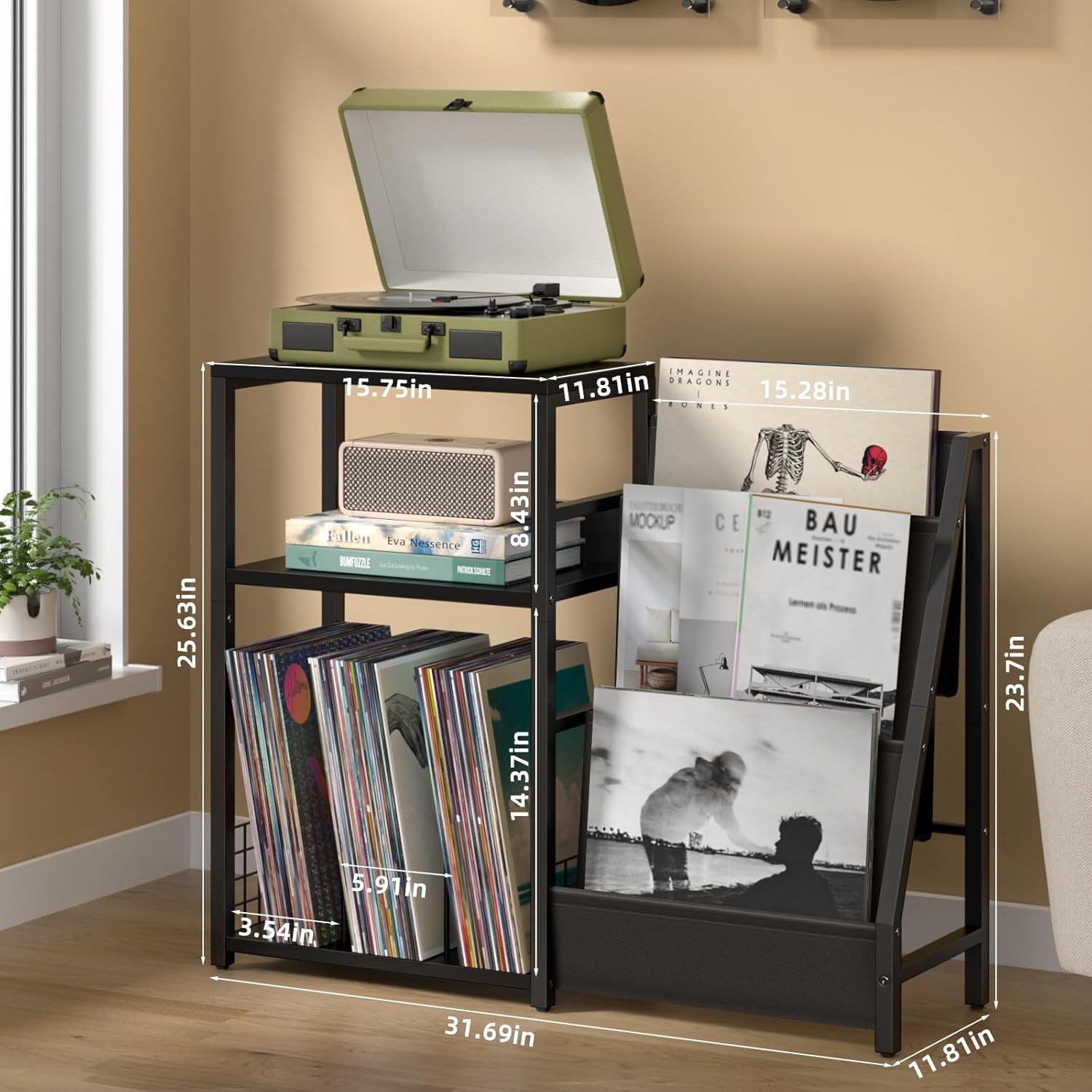 Record Player Table,Adjustable Guitar Stand for Acoustic Guitar, Electric Guitar, Bass, White Turntable Holder with Vinyl Storage up to 150 Albums, Side Table with Magazine Periodical Rack