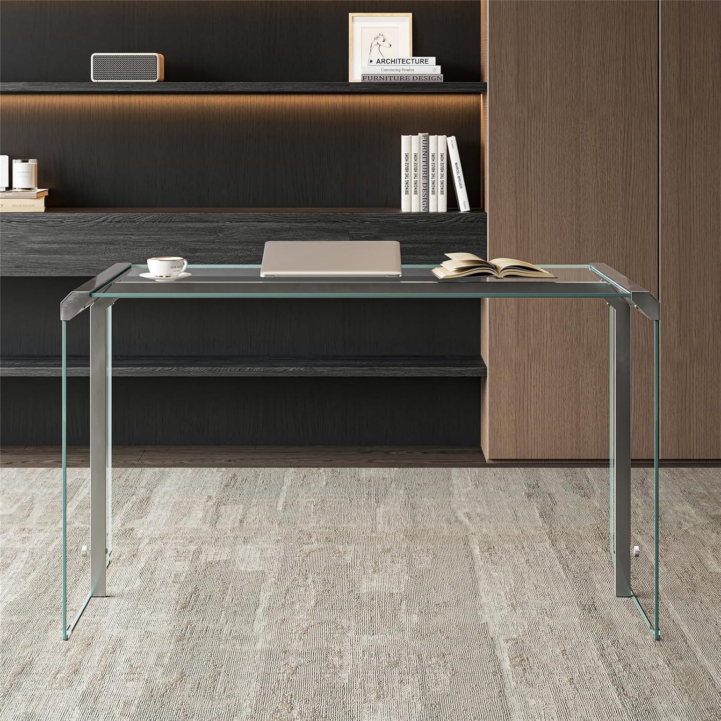 Modern Clear Tempered Glass Computer Desk, 51.2" Home Office Writing Desk with Metal Frame, Minimalist Transparent Executive Desk for Gaming, Study