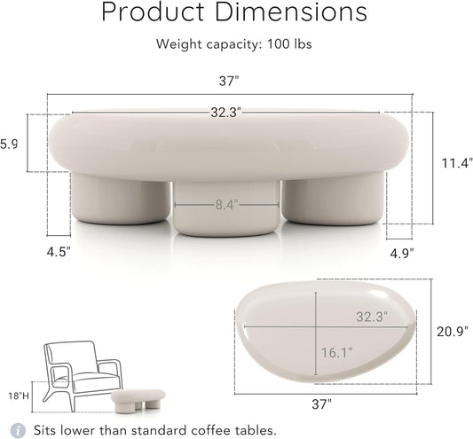 Kavren Modern 37-Inch Oval Glossy Low Profile Coffee Table, Stone Shape Living Room Furniture for Small Space, Ivory