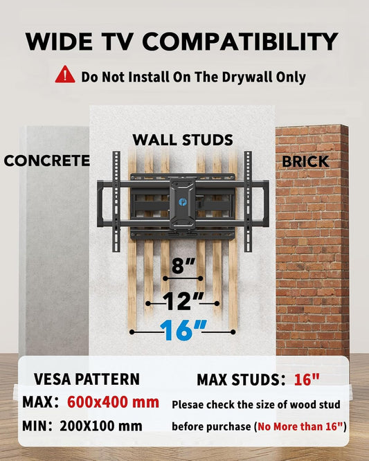 Full Motion TV Wall Mount for 42-85 Inch Flat Screen LED TV up to 132Lbs Swivel Dual Articulating Arms Mount, Tool-Free Tilt Bracket Max VESA 600X400Mm, Fits 8” 12” 16" Wood Studs
