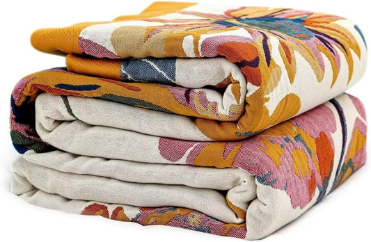 Boho Throw Blanket 100% Cotton Ultra Soft Bed Throw Large Fall Blanket Floral Bird and Butterfly Farmhouse Decor Bed Blankets,60"×80" All Season Blankets for Sofa Couch Chair