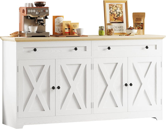 Buffet Cabinet with Storage, Sideboard Storage Cabinet, Kitchen Cabinet with Drawers and Doors, Natural Wood