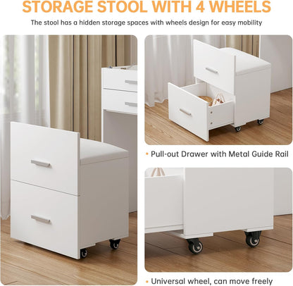 3 in 1 Vanity Desk, Compact Vanity with 3 Drawers, Makeup Desk with Flip-Up 3 Colors Lighting Mirror and Cushioned Stool, Small Vanities Nightstand Perfect for Bedroom, White