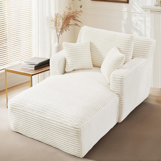 65.4" Chaise Lounge Chair Indoor, Oversized Boneless Couch Comfy Upholstered Sleeper Sofa Bed with 3 Pillows, Corduroy Cloud Reading Chair for Living Room No Assembly Required, White