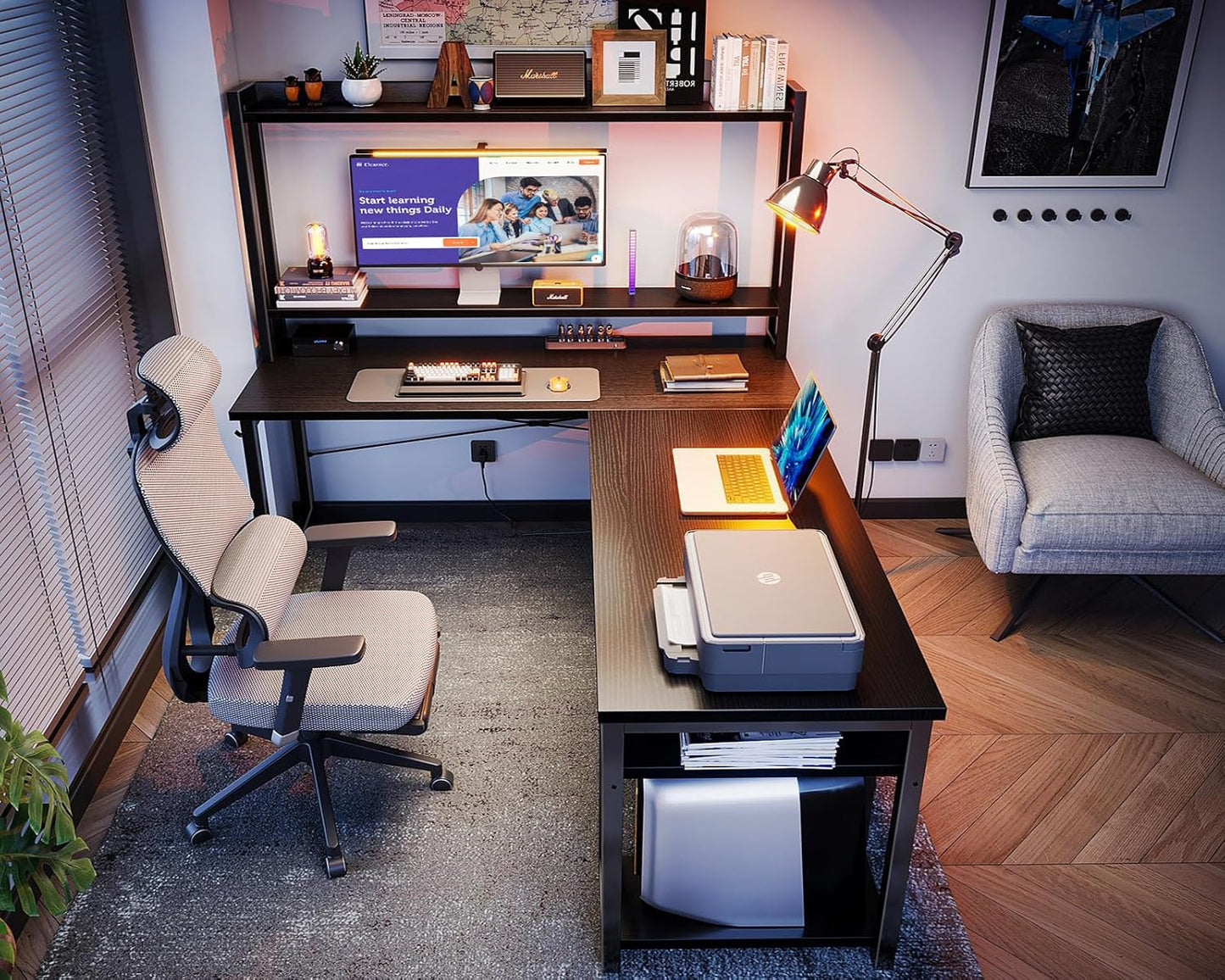 L Shaped Gaming Desk with Hutch, Computer Desk with Storage Shelves, 66" L Shaped Desk for Home Office, Corner Desk with Headphone Hook, Black